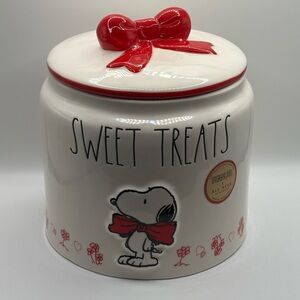 Rae Dunn Peanuts Snoopy “Sweet Treats” Valentine Cookie Jar – Red Bow Lid